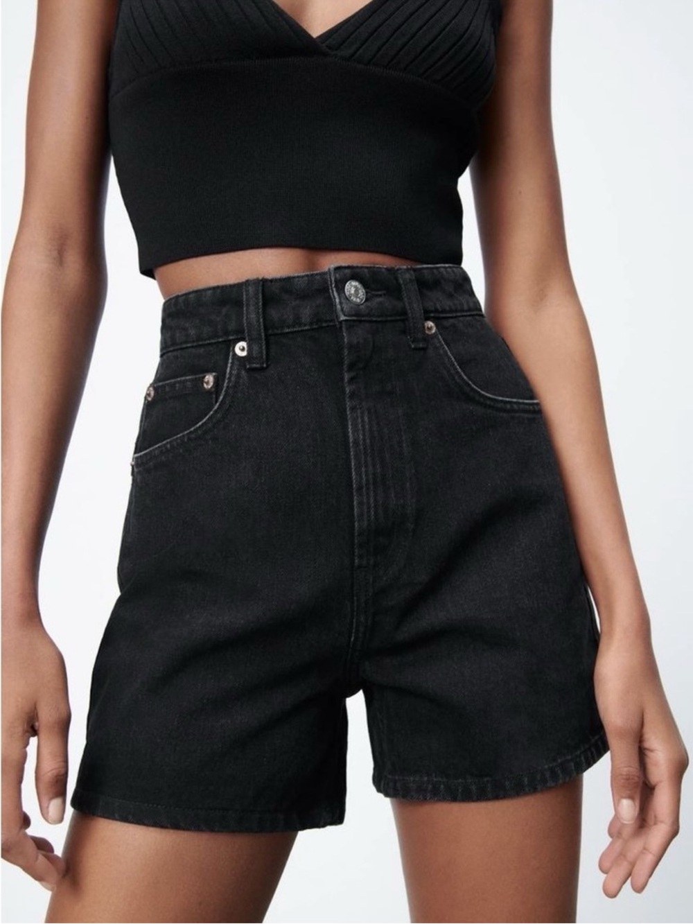 High Waisted Black Denim Shorts